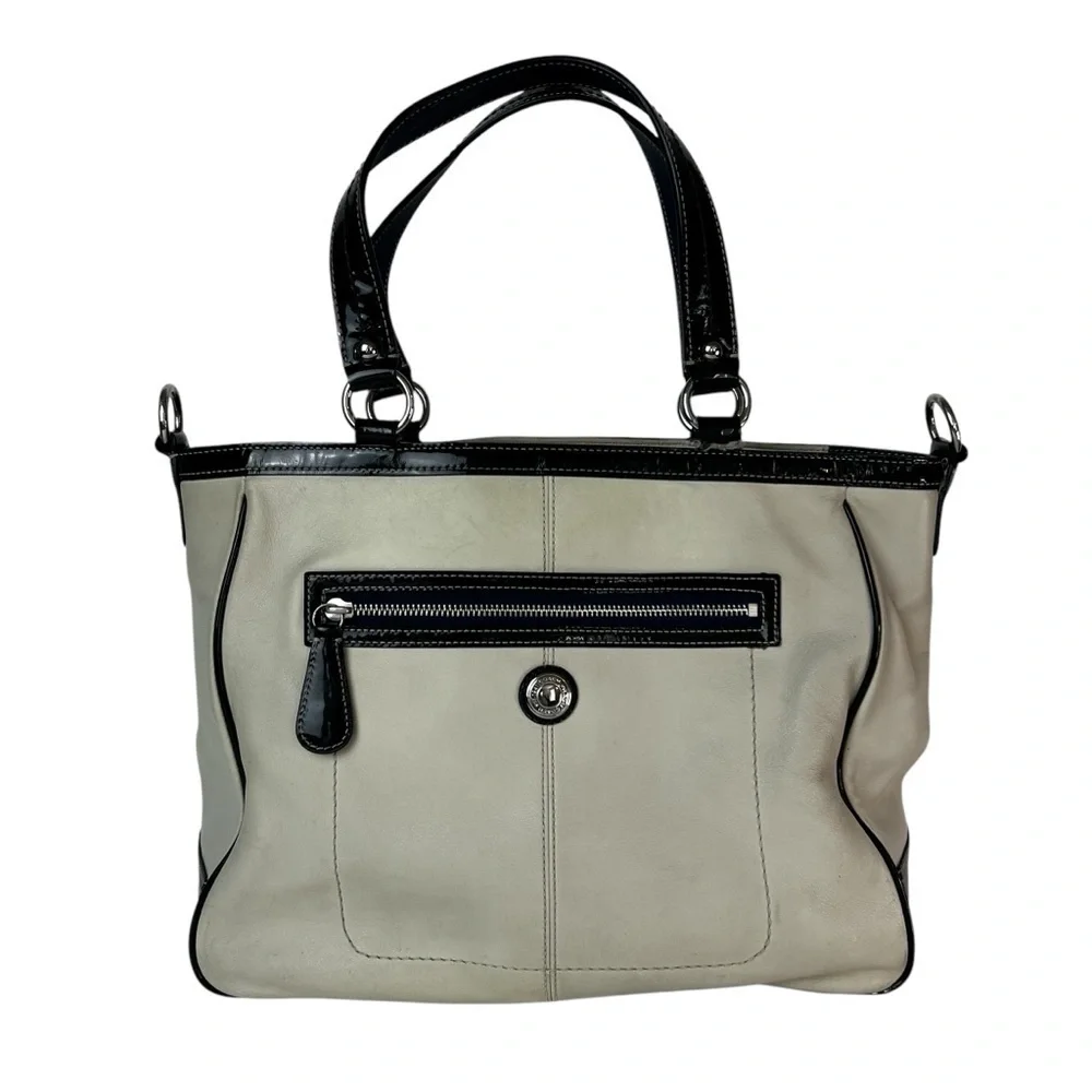 Coach Laura North South Leather Shoulder Bag Off White Black Trim Purse FLAW